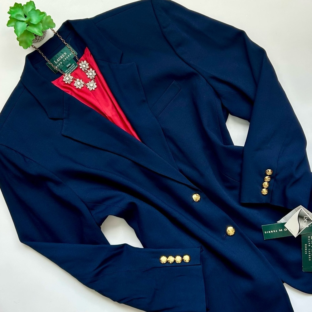 Ralph Lauren Wool Blend Two Button Blazer Navy Blue Gold Crest Buttons 20W NWT - Picture 2 of 11